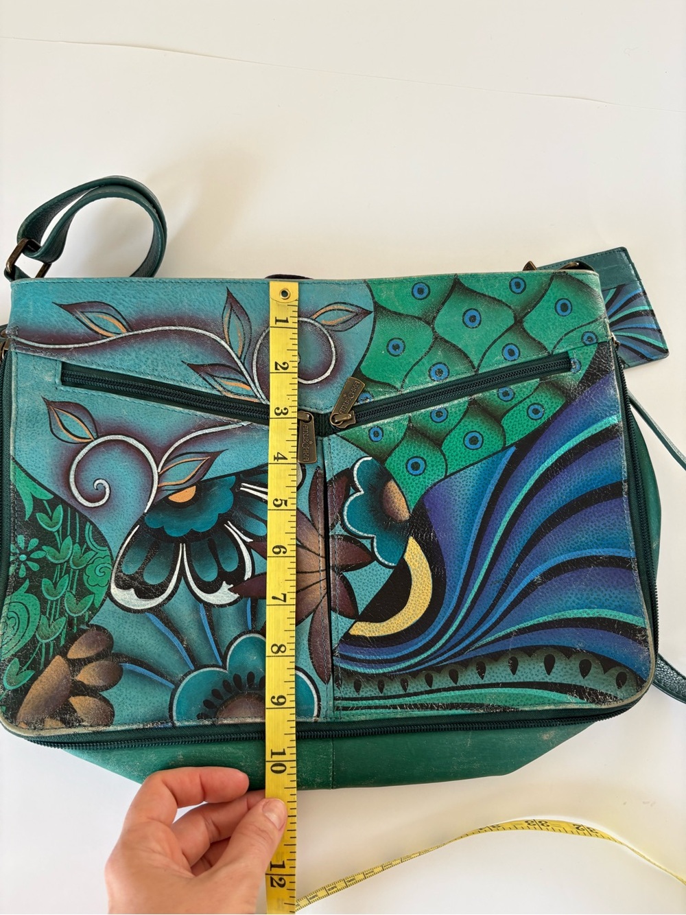 Anuschka Hobo Bag Purse Hand Painted Floral Peacock Leather Green Blue Artsy - Picture 12 of 12